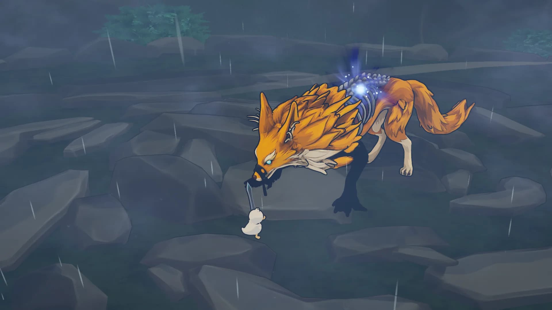 A small duck facing the giant fox boss across wet rock